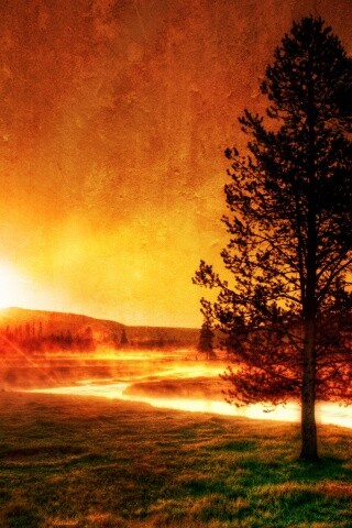 Закат за речкой обои