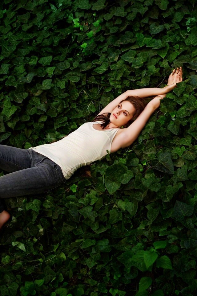 Кристен Стюарт на ковре из листьев обои