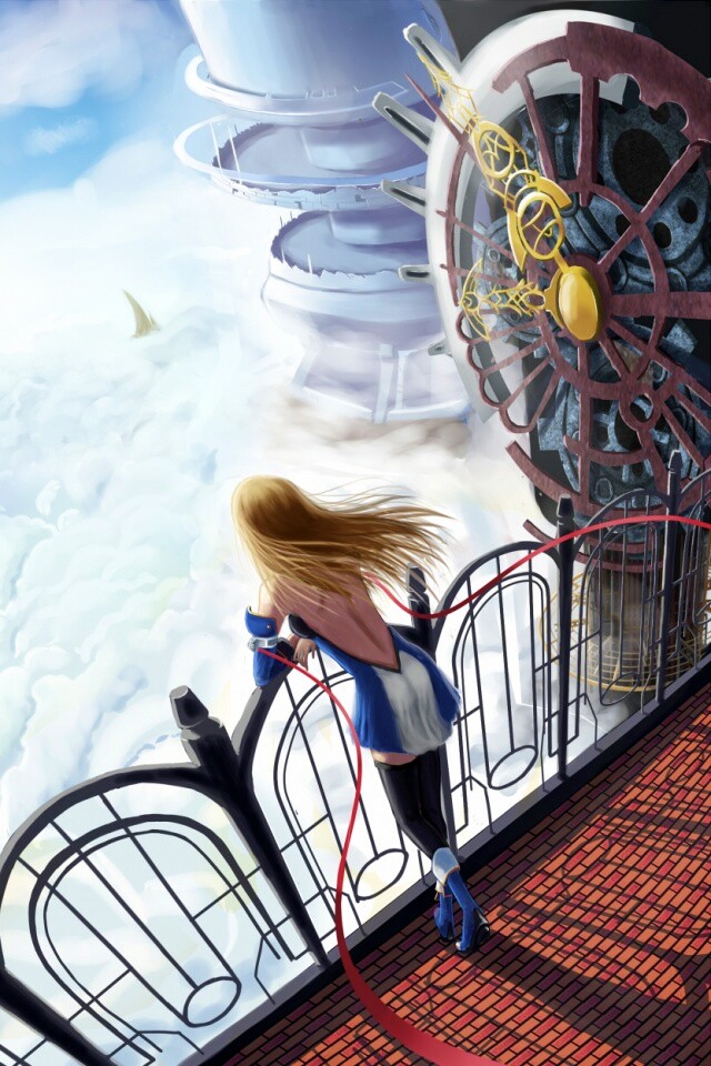 Девушка в городе над облаками обои