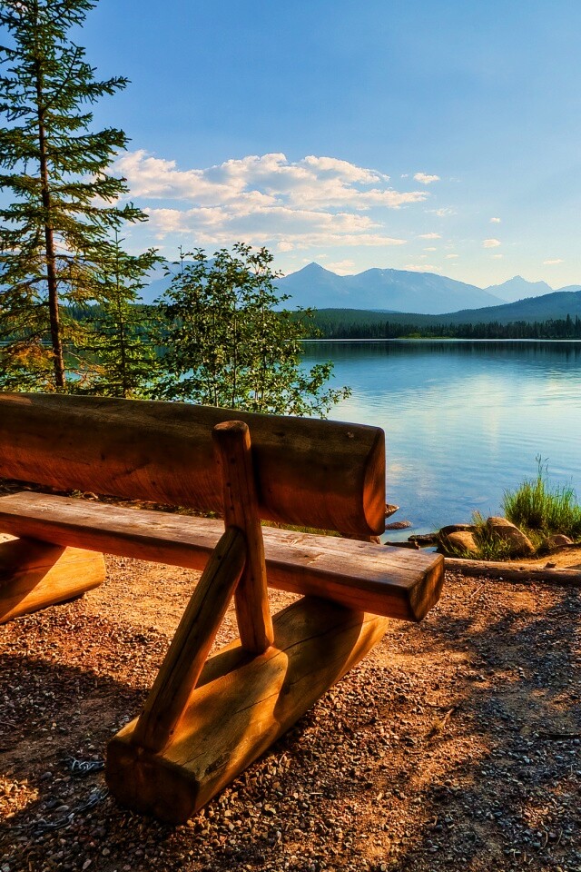 Деревянная скамья на берегу озера обои