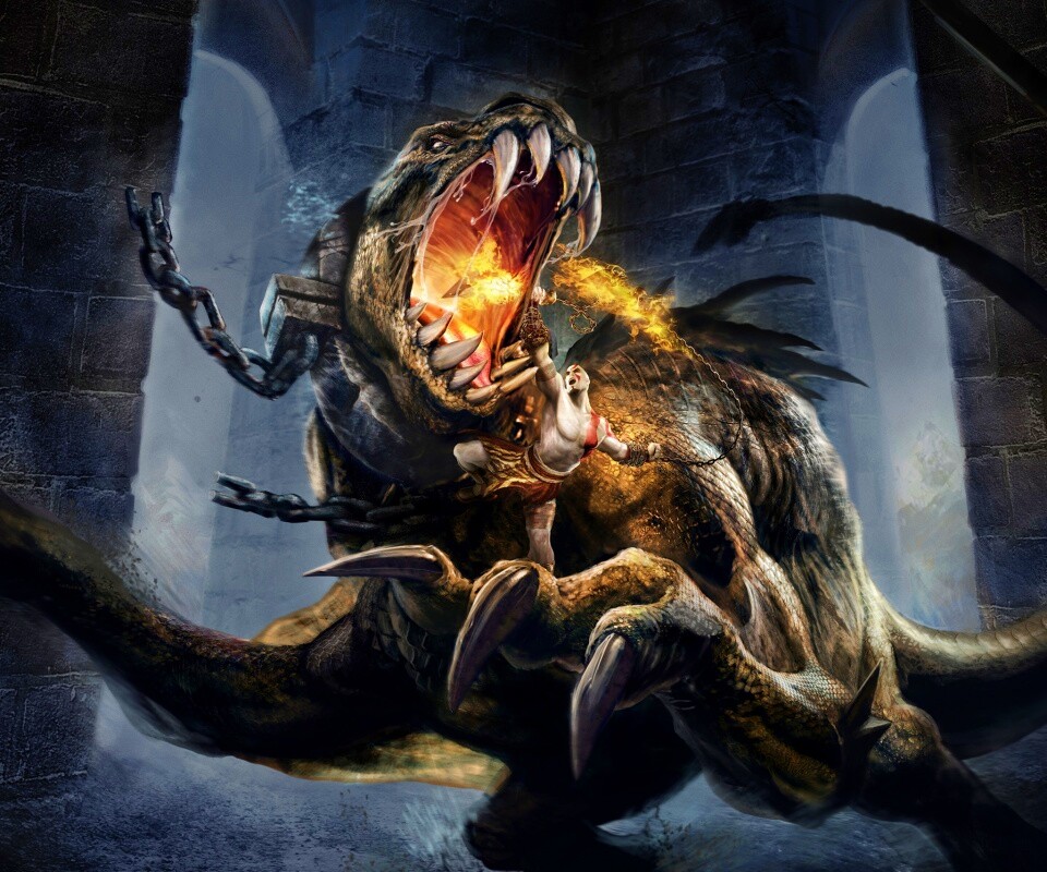 Кратос против динозавра обои