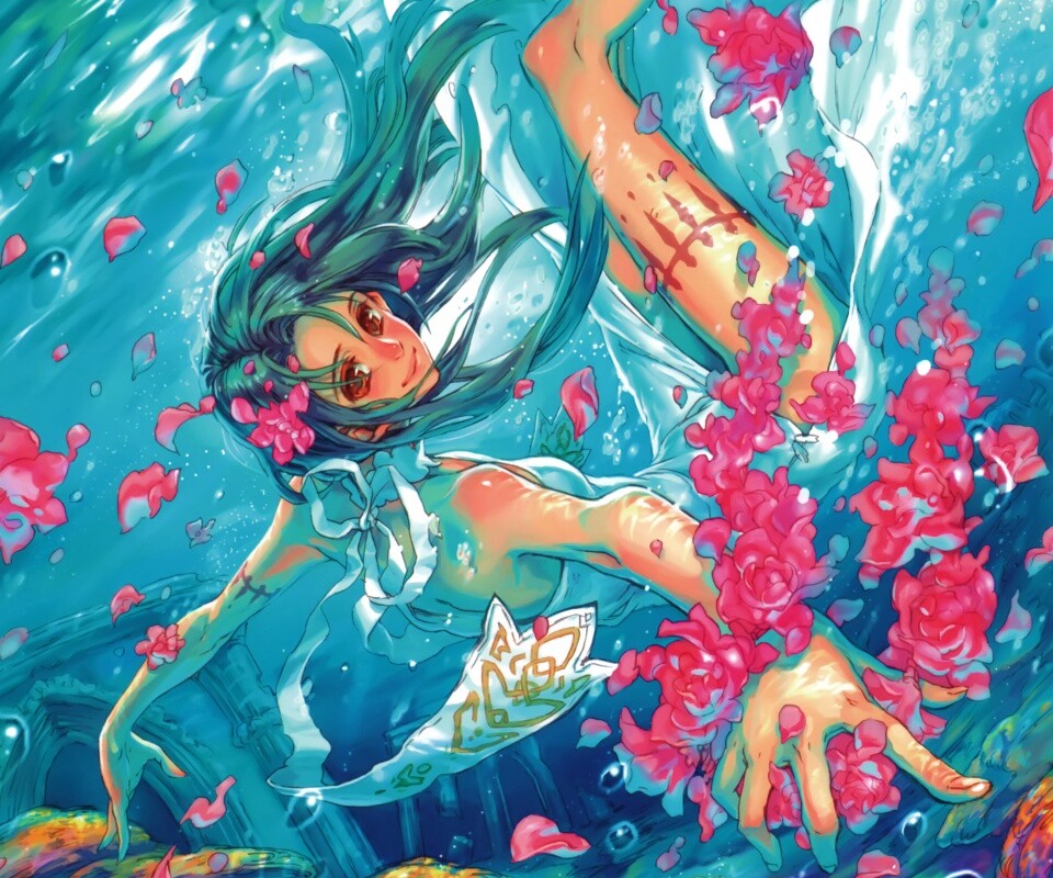 Девушка из аниме под водой обои