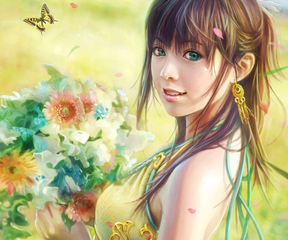 Девушка с цветами обои