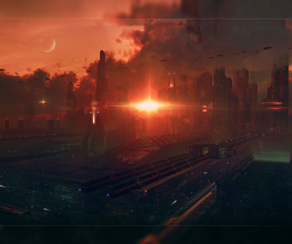 Закат в инопланетном городе обои