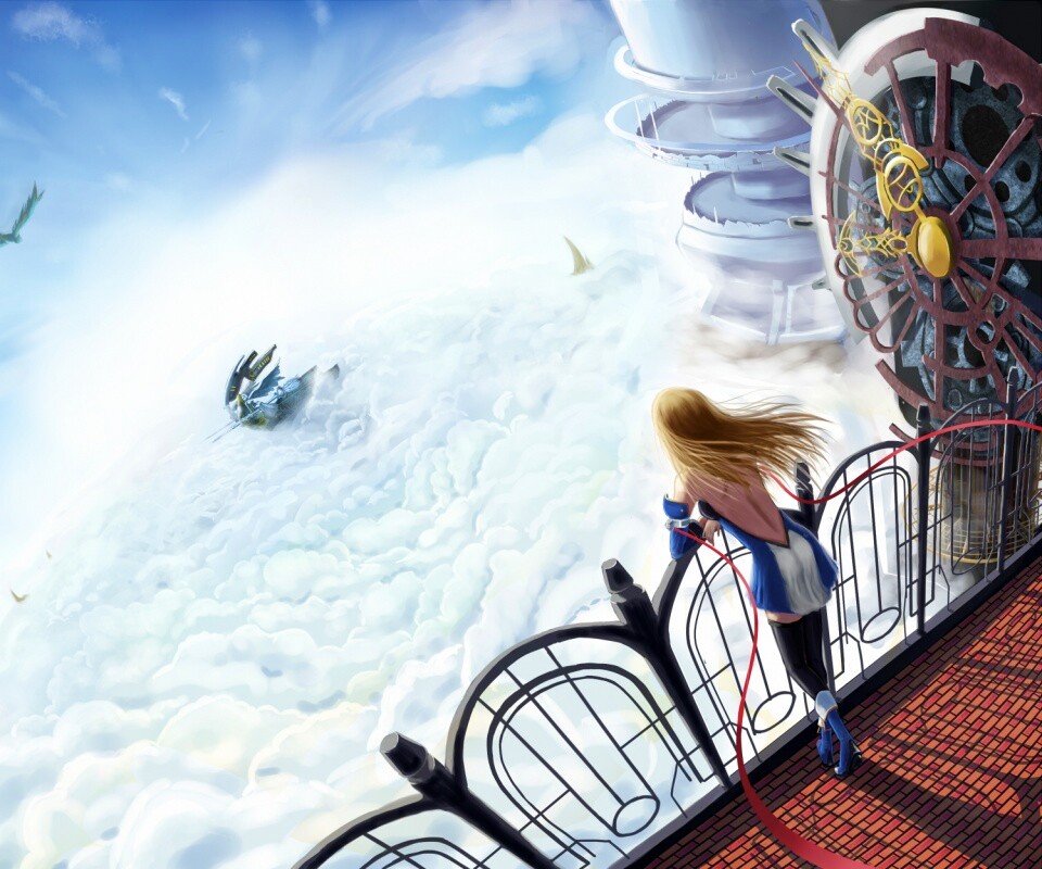 Девушка в городе над облаками обои