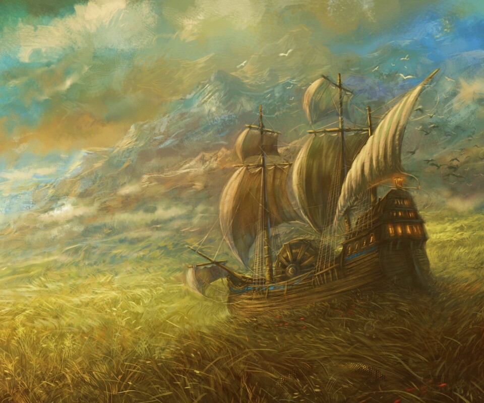 Корабль в море травы обои