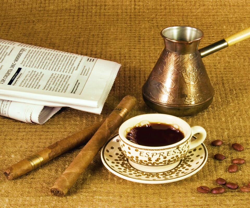 Утренний кофе, газета и сигары обои