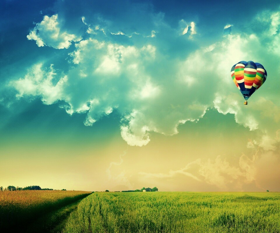 Воздушный шар над зеленым лугом обои