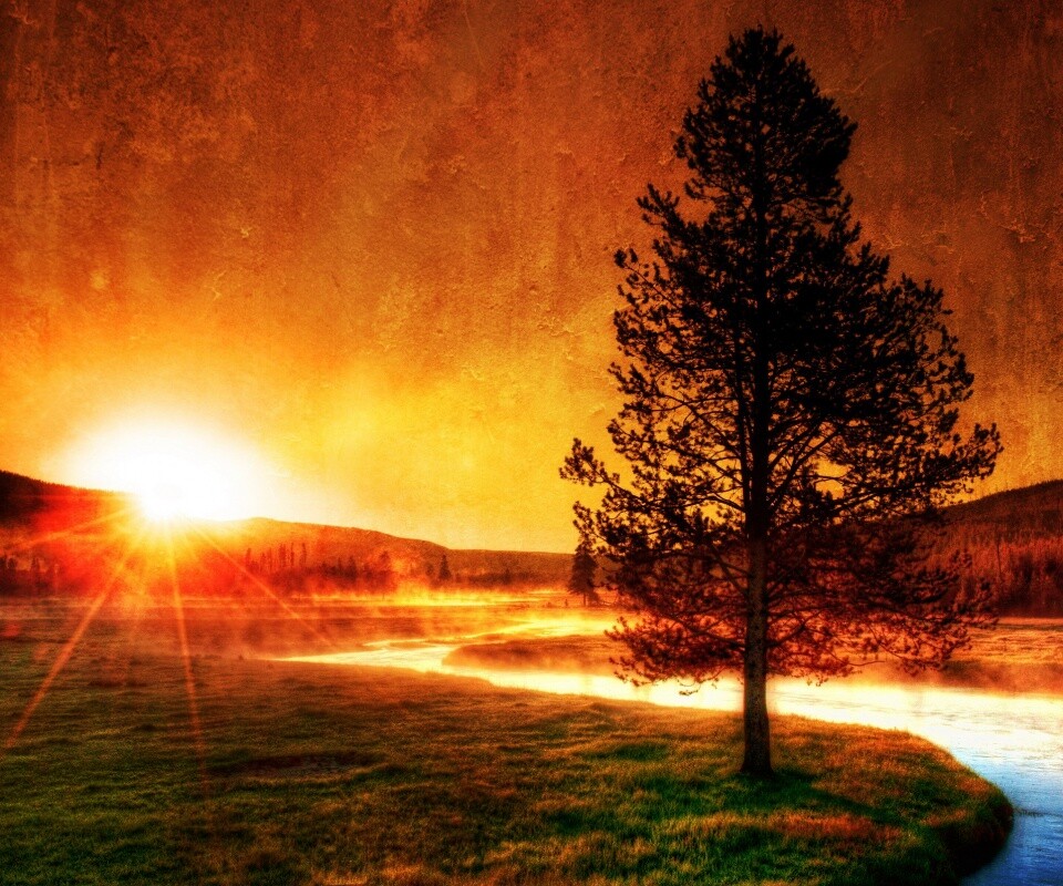 Закат за речкой обои