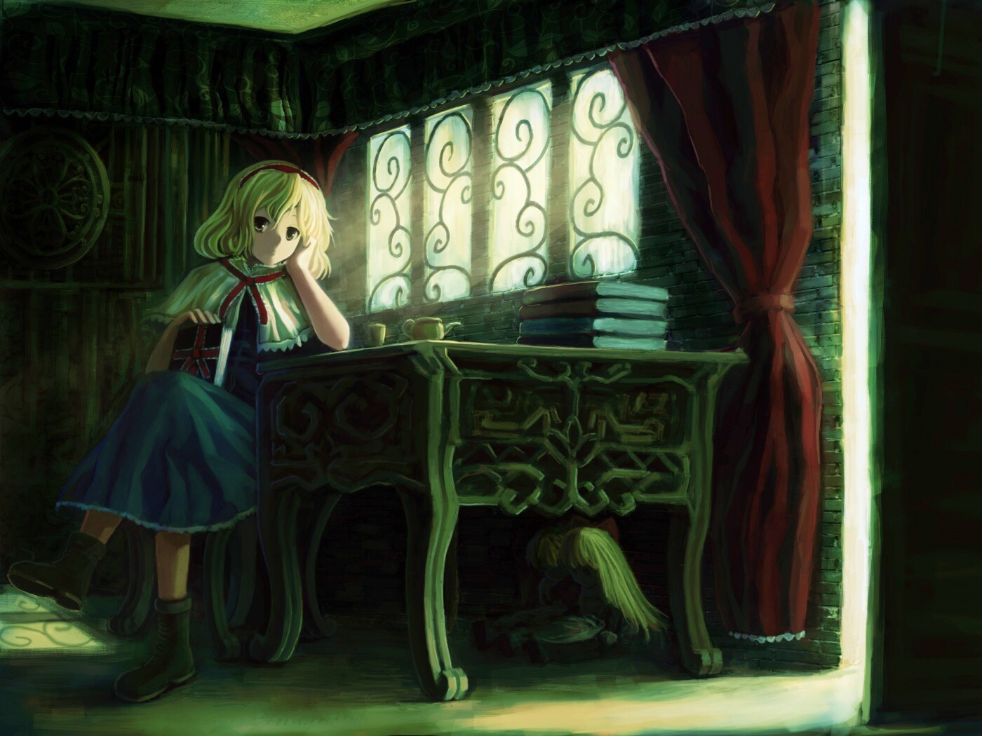 Девочка за столом с книгами обои