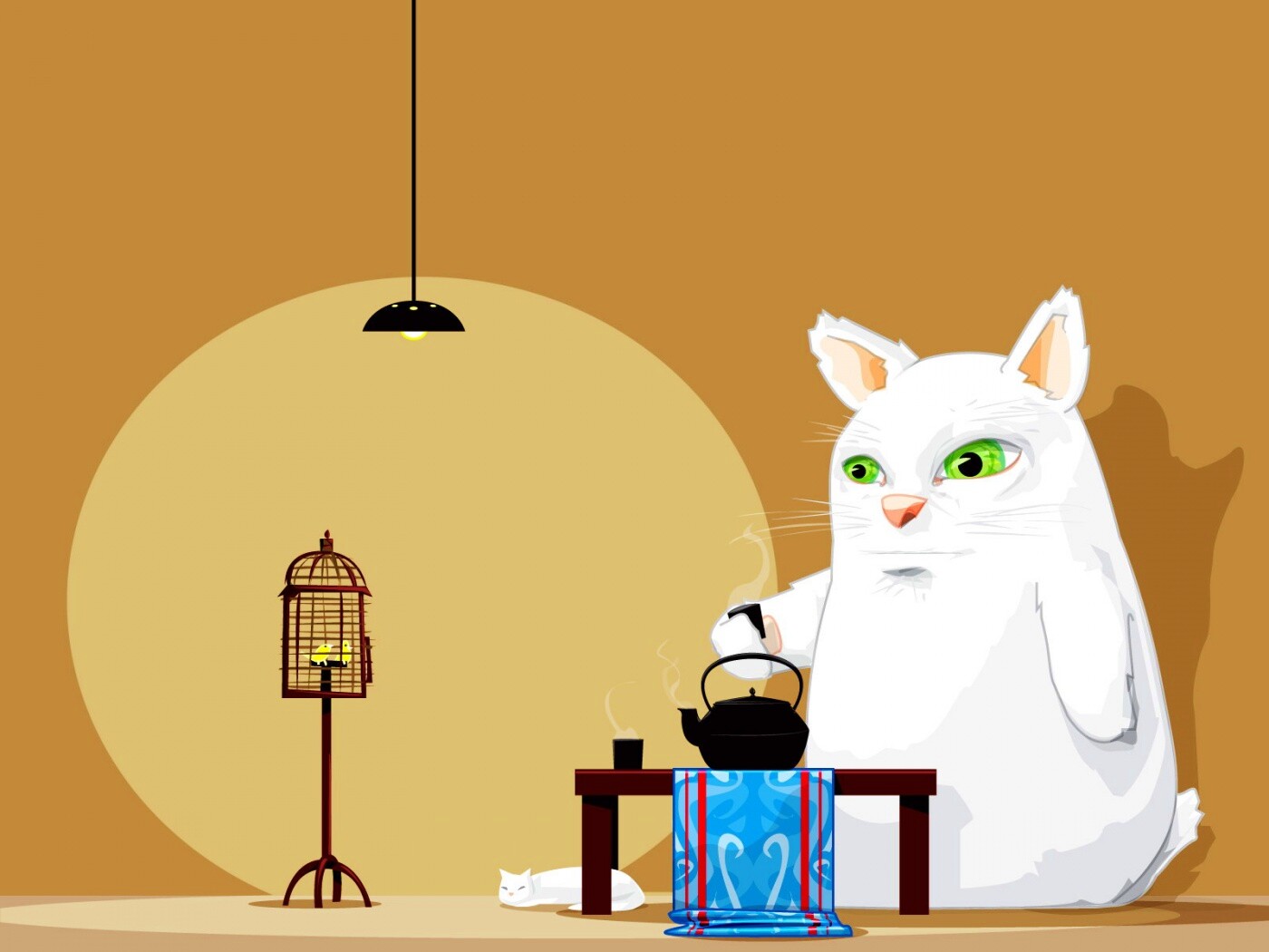 Кот пьет чай обои