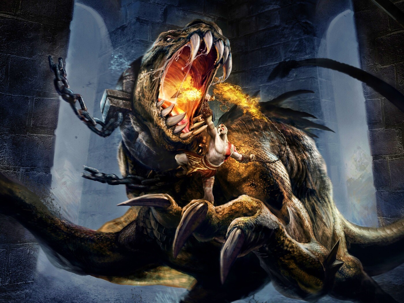 Кратос против динозавра обои