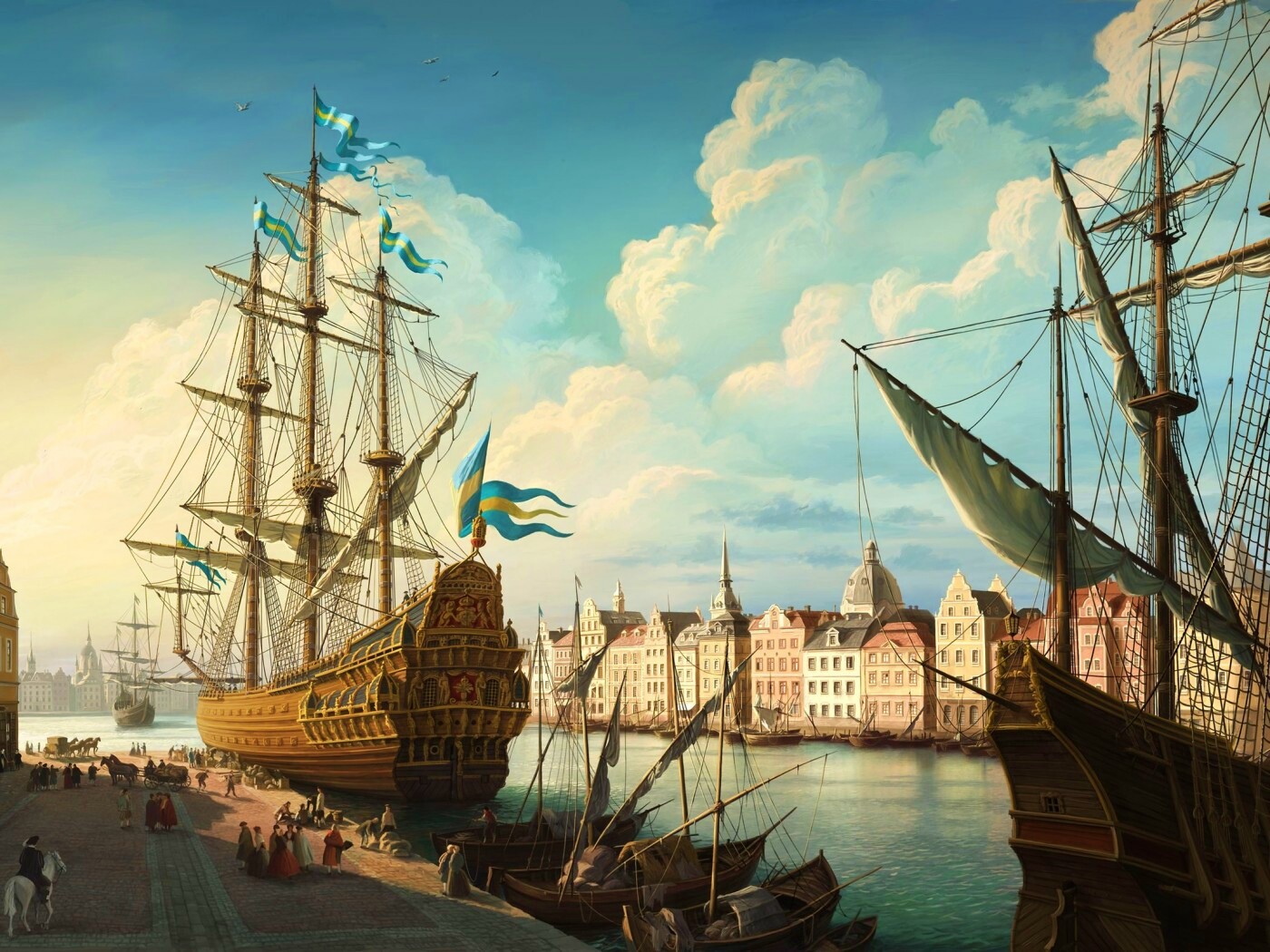 Парусник на набережной обои