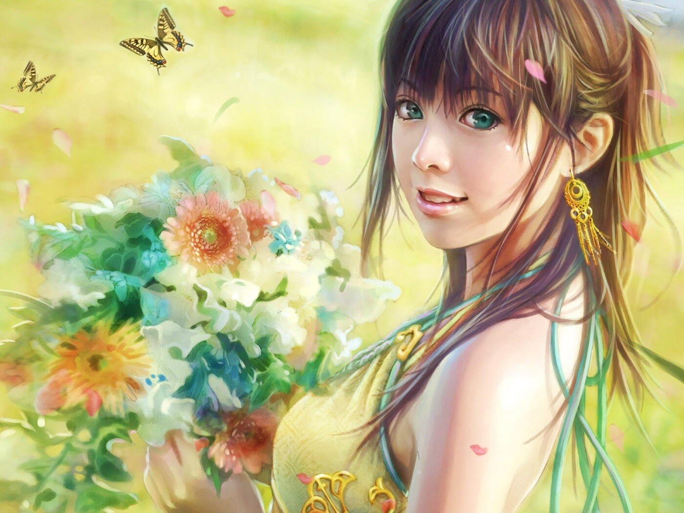 Девушка с цветами обои