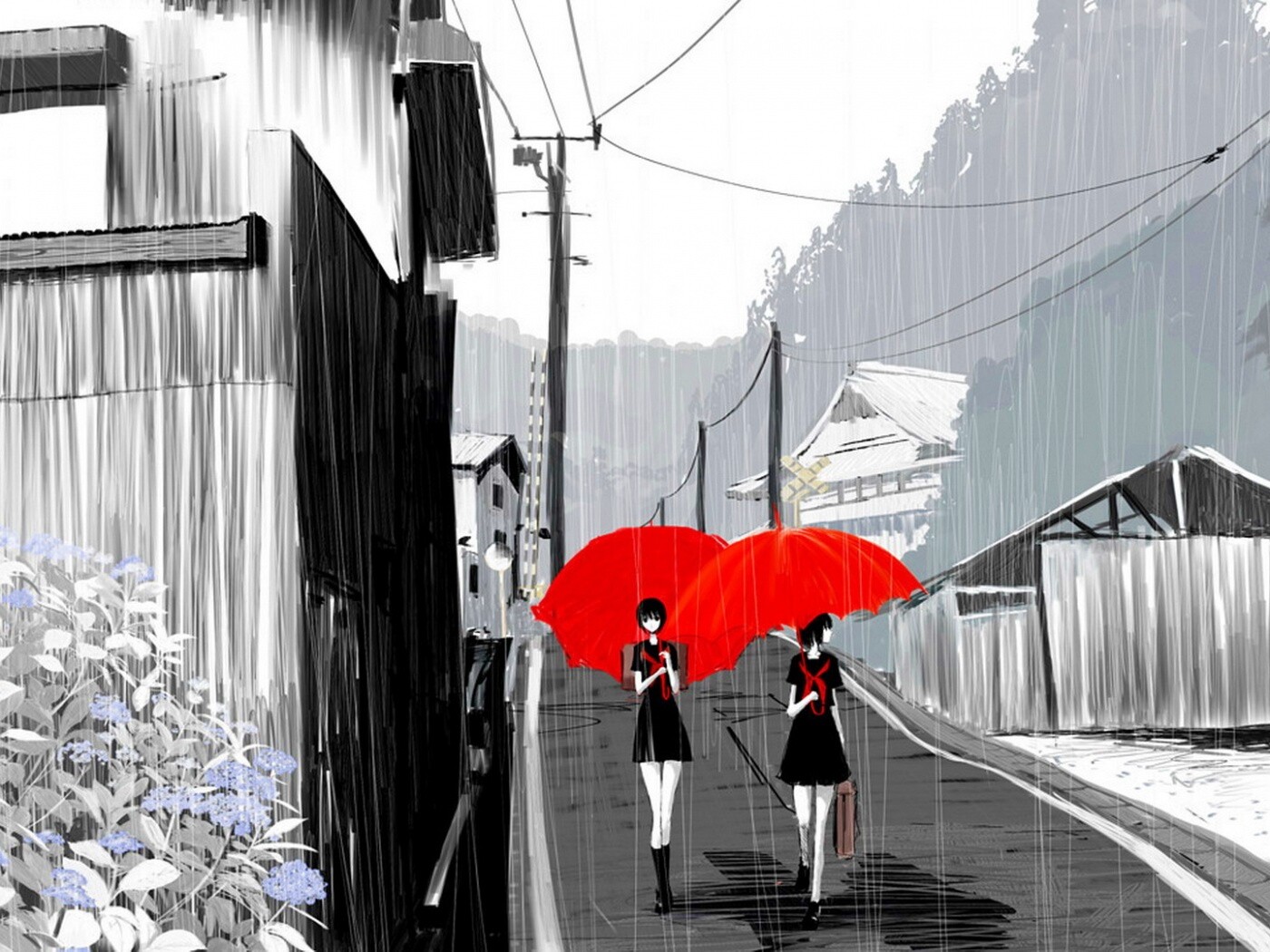 Девушки с красными зонтами обои
