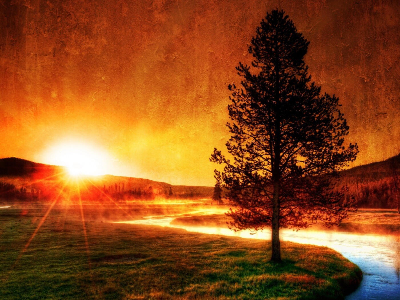 Закат за речкой обои