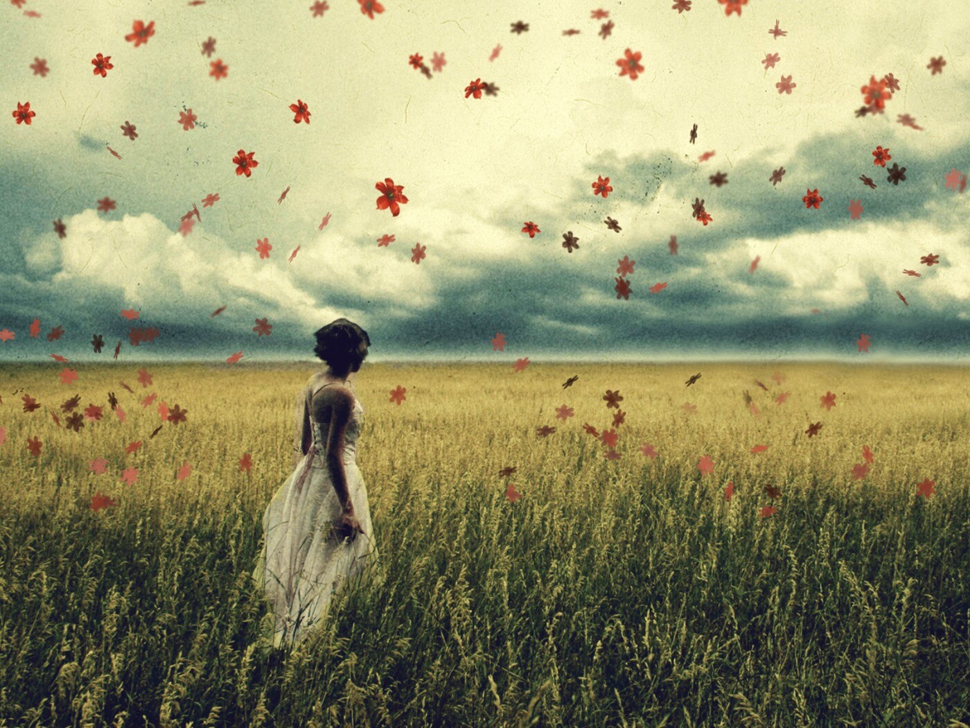 Грустная девушка в поле травы обои