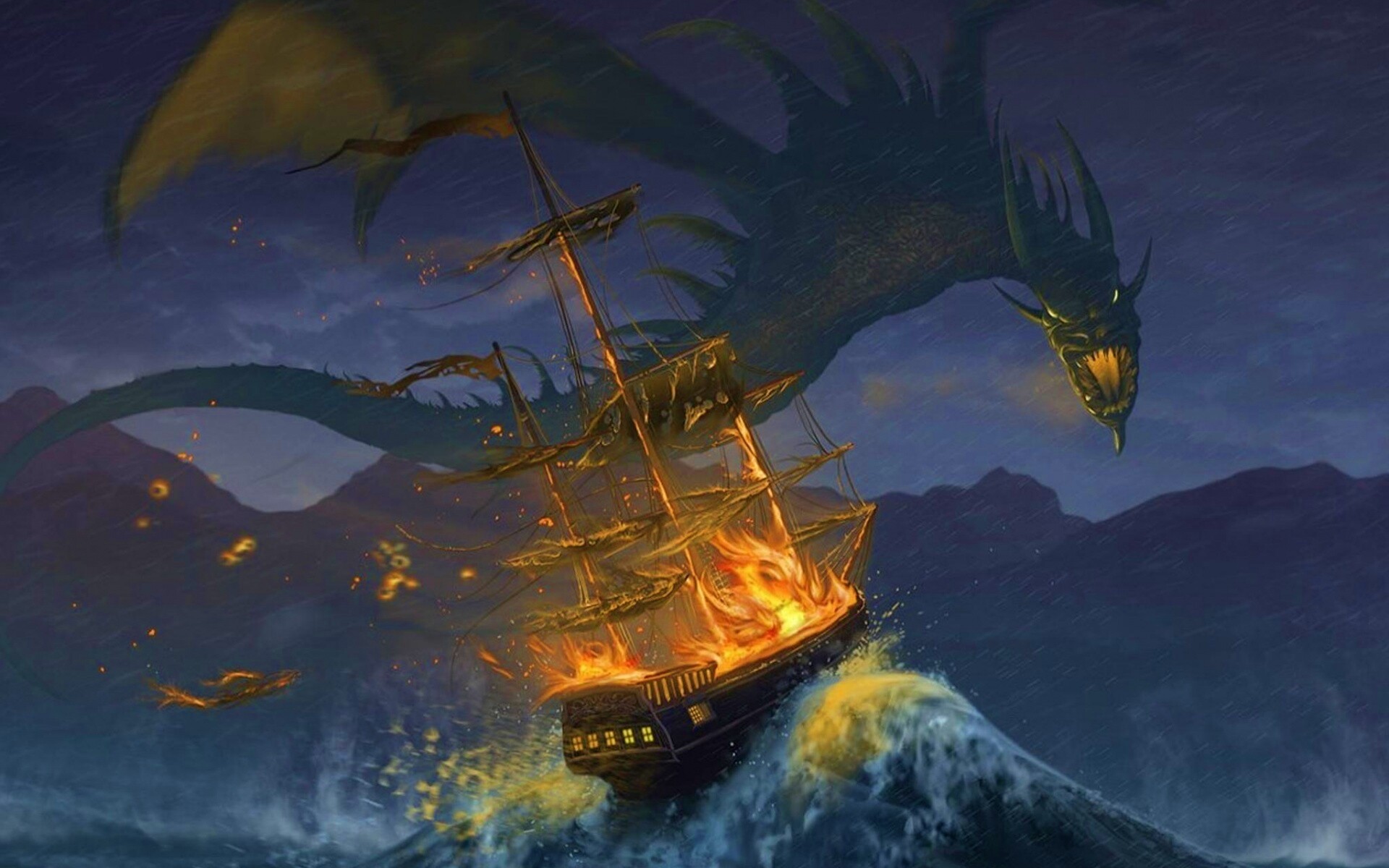 Дракон нападает на корабль обои