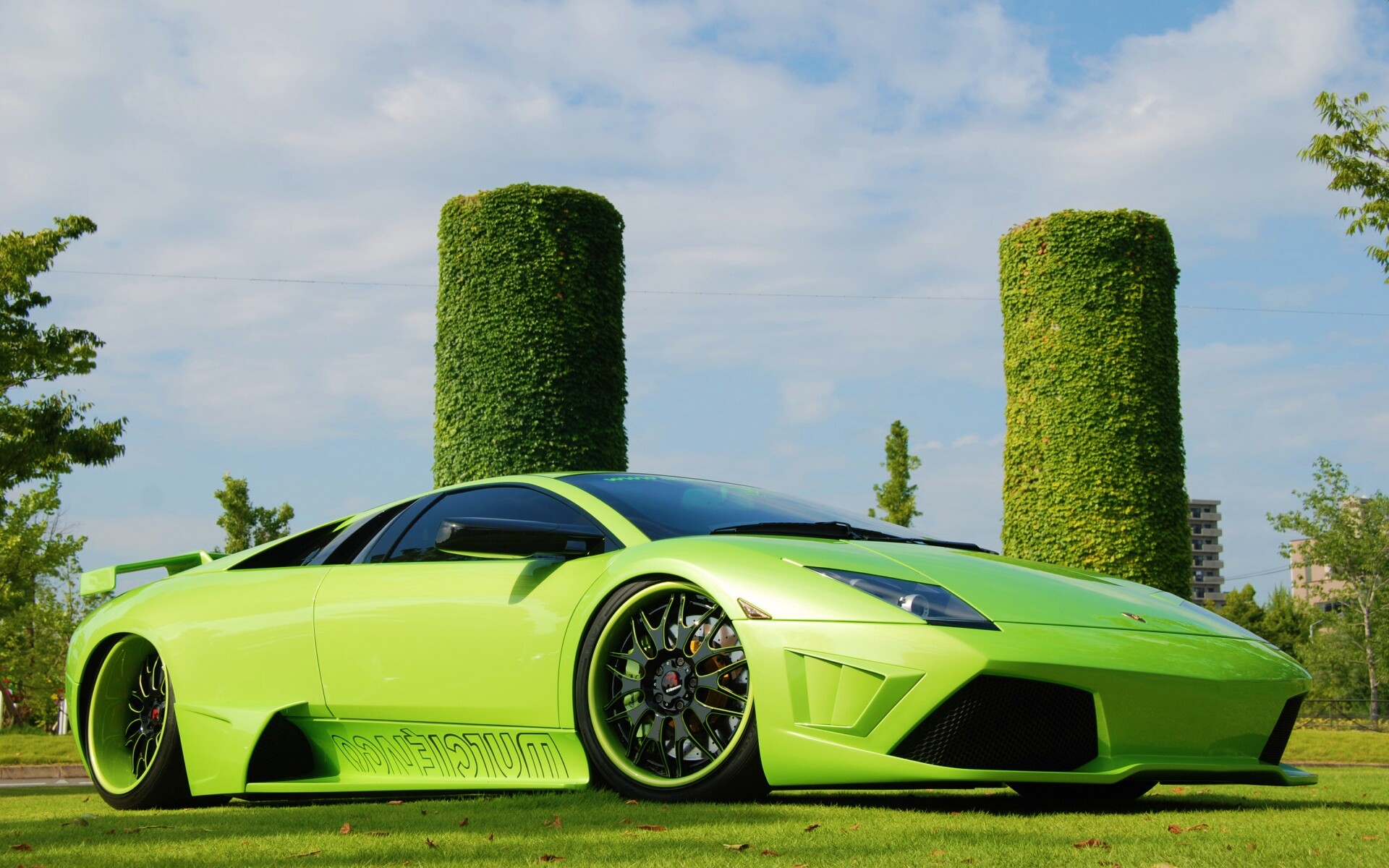 Зелёный Ламборджини на траве обои