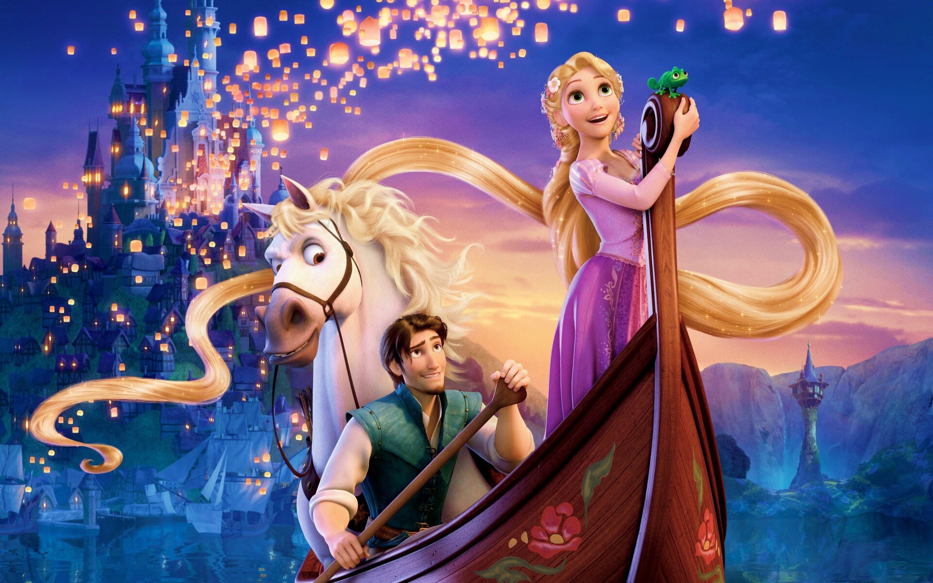 Рапунцель принц и конь в лодке обои