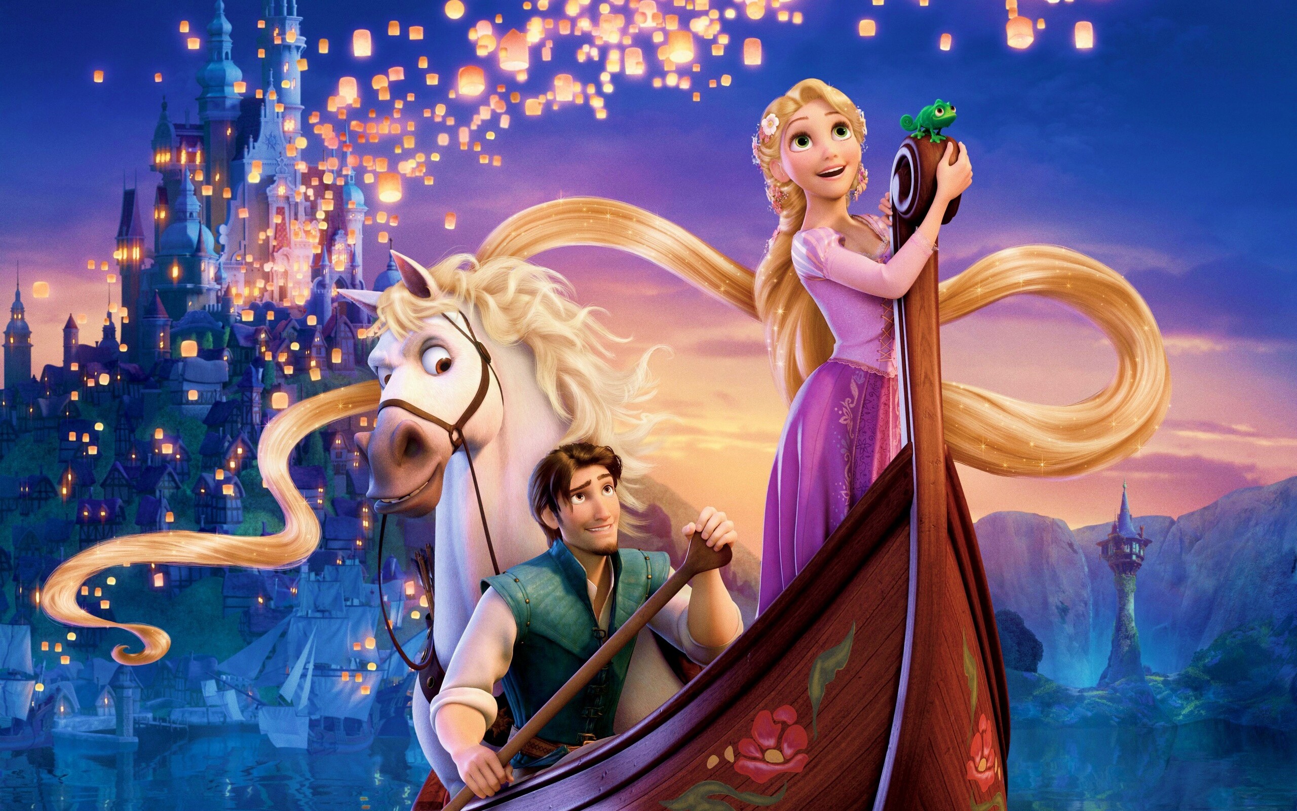 Рапунцель принц и конь в лодке обои