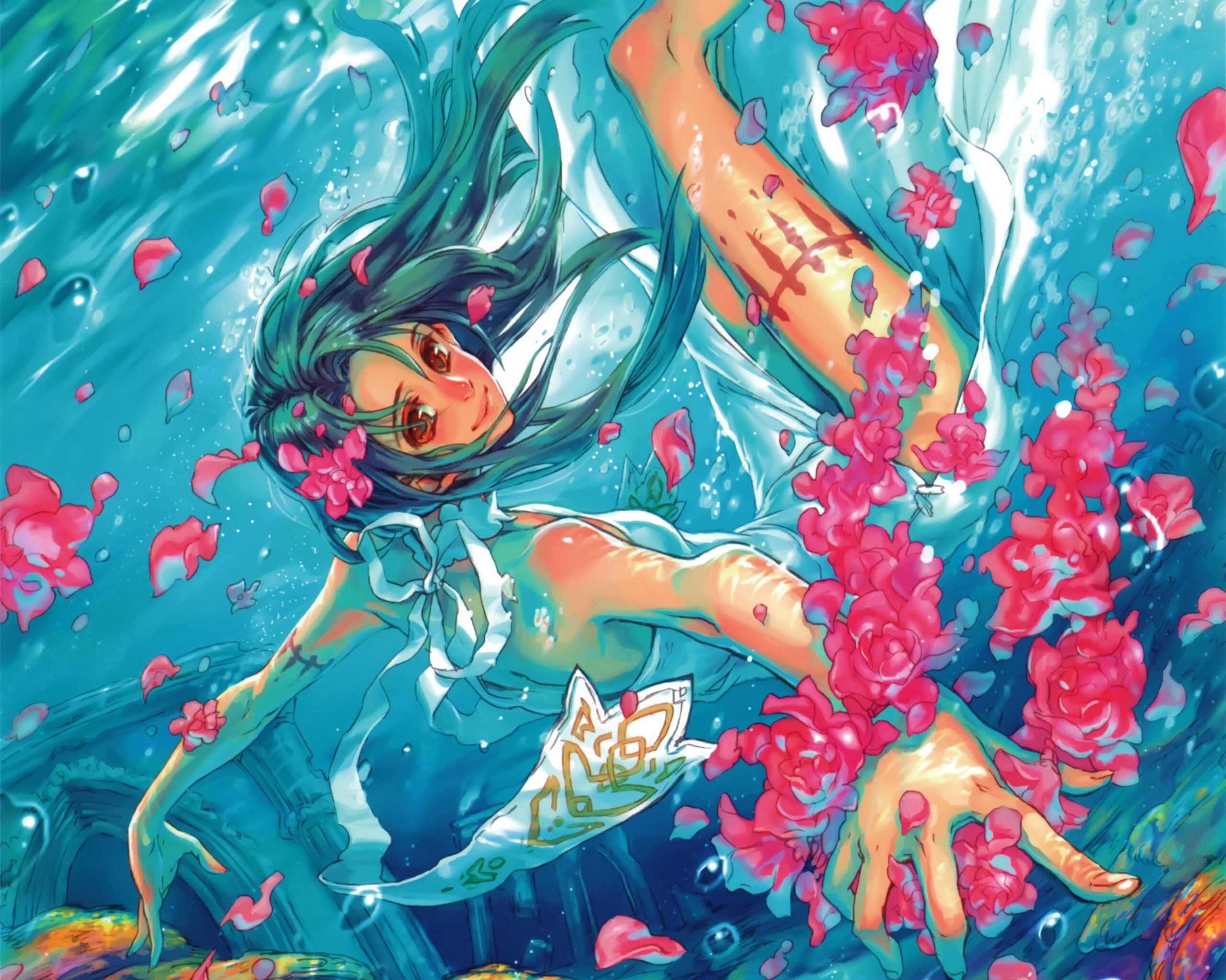 Девушка из аниме под водой обои