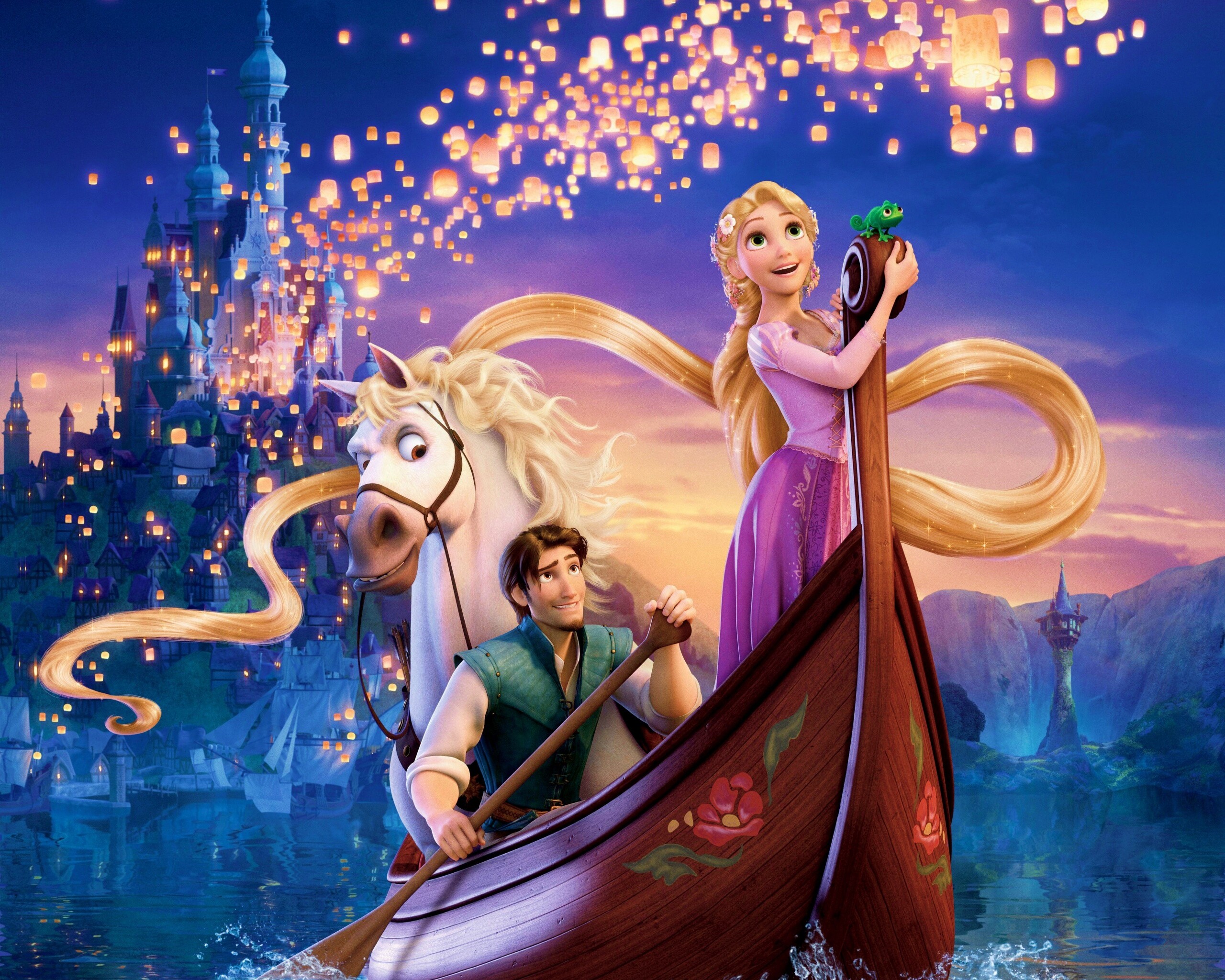 Рапунцель принц и конь в лодке обои