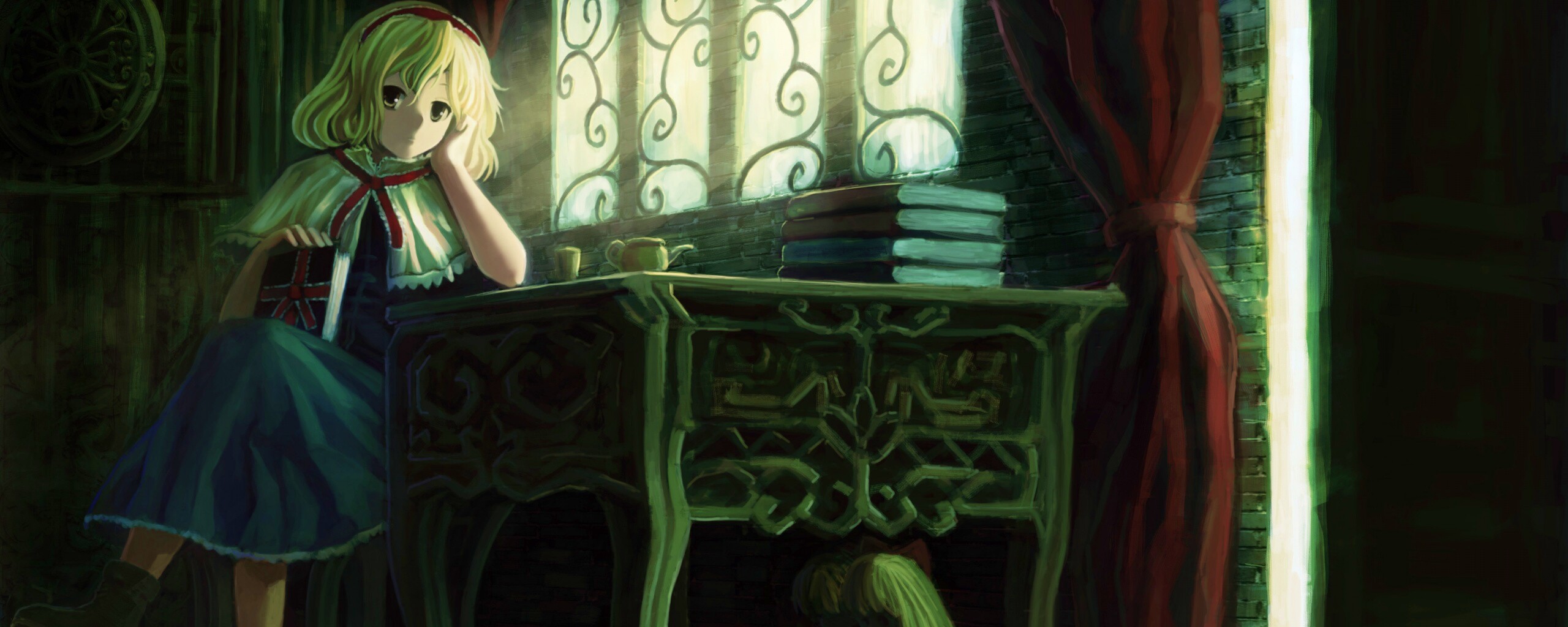 Девочка за столом с книгами обои