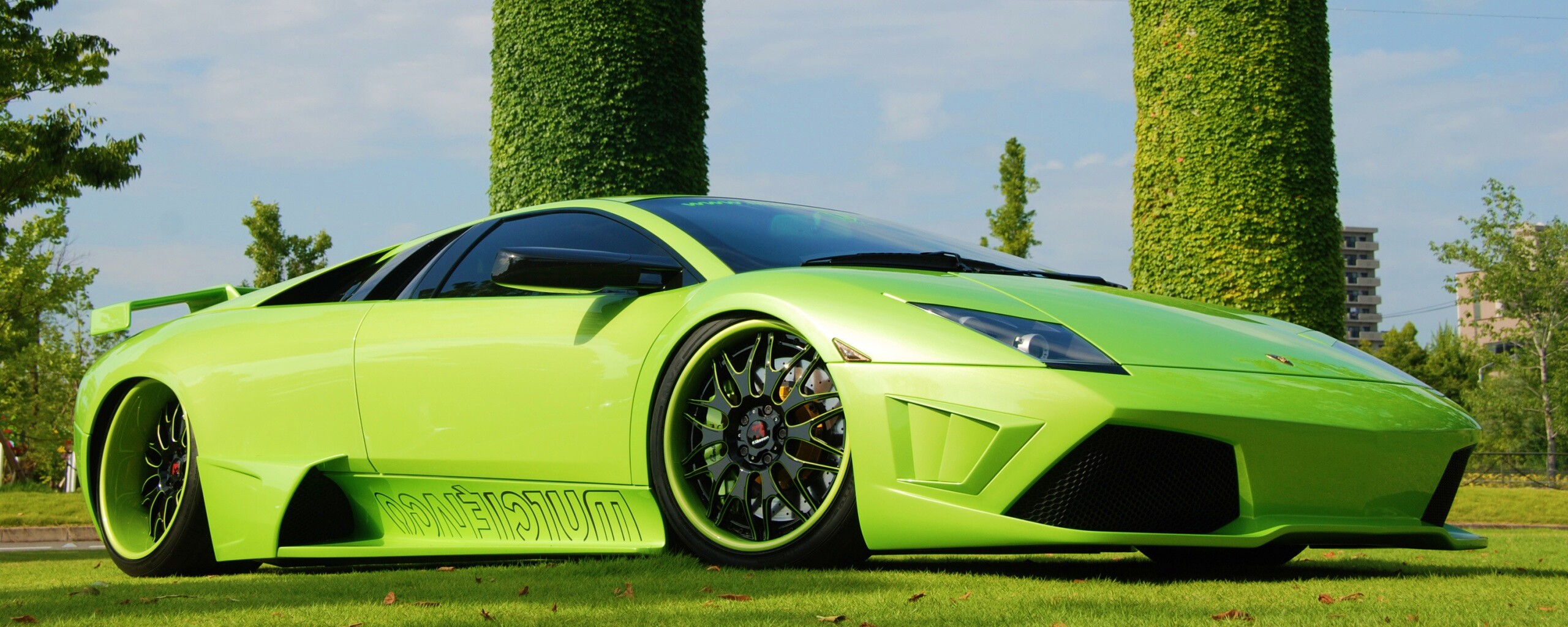Зелёный Ламборджини на траве обои