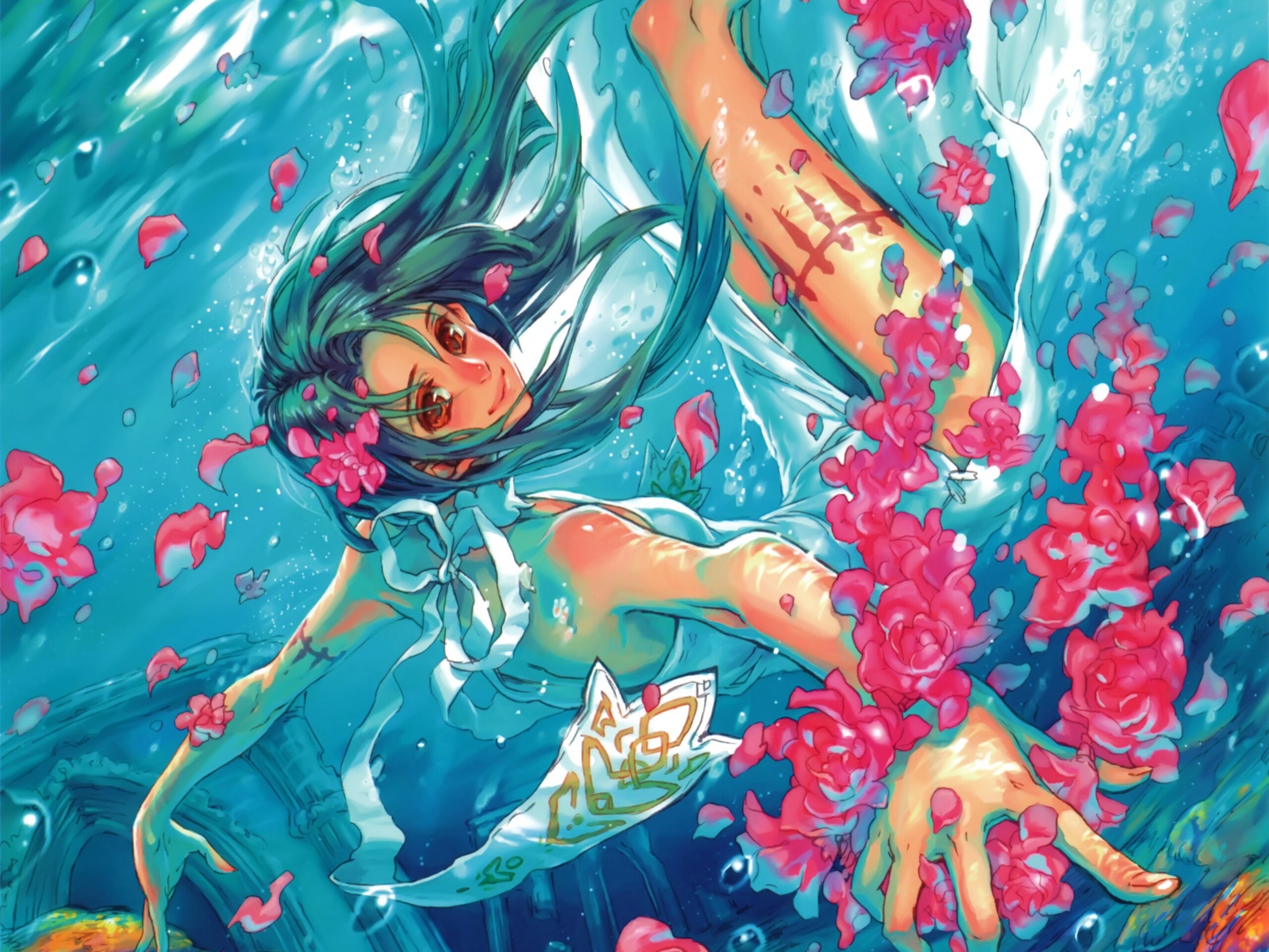 Девушка из аниме под водой обои