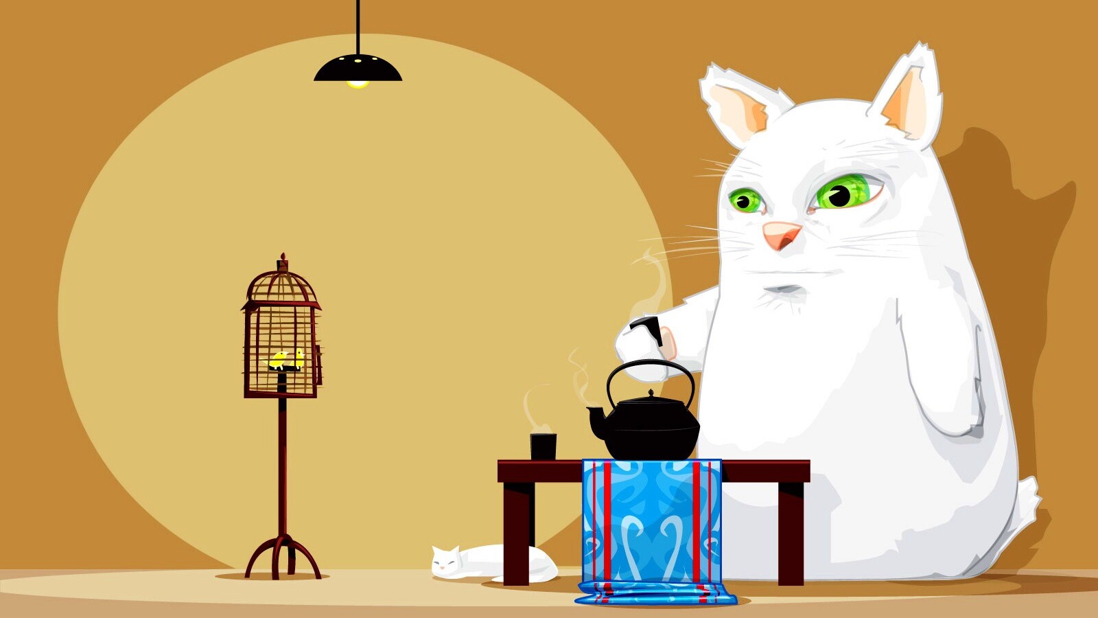 Кот пьет чай обои