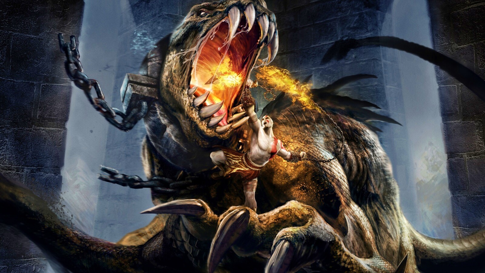 Кратос против динозавра обои