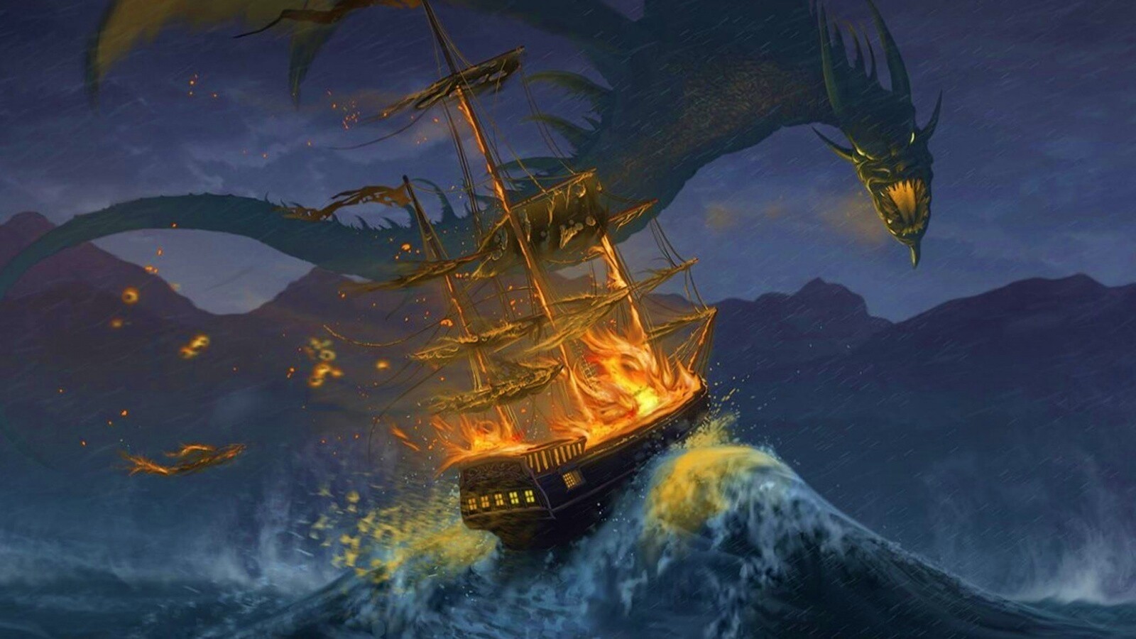 Дракон нападает на корабль обои