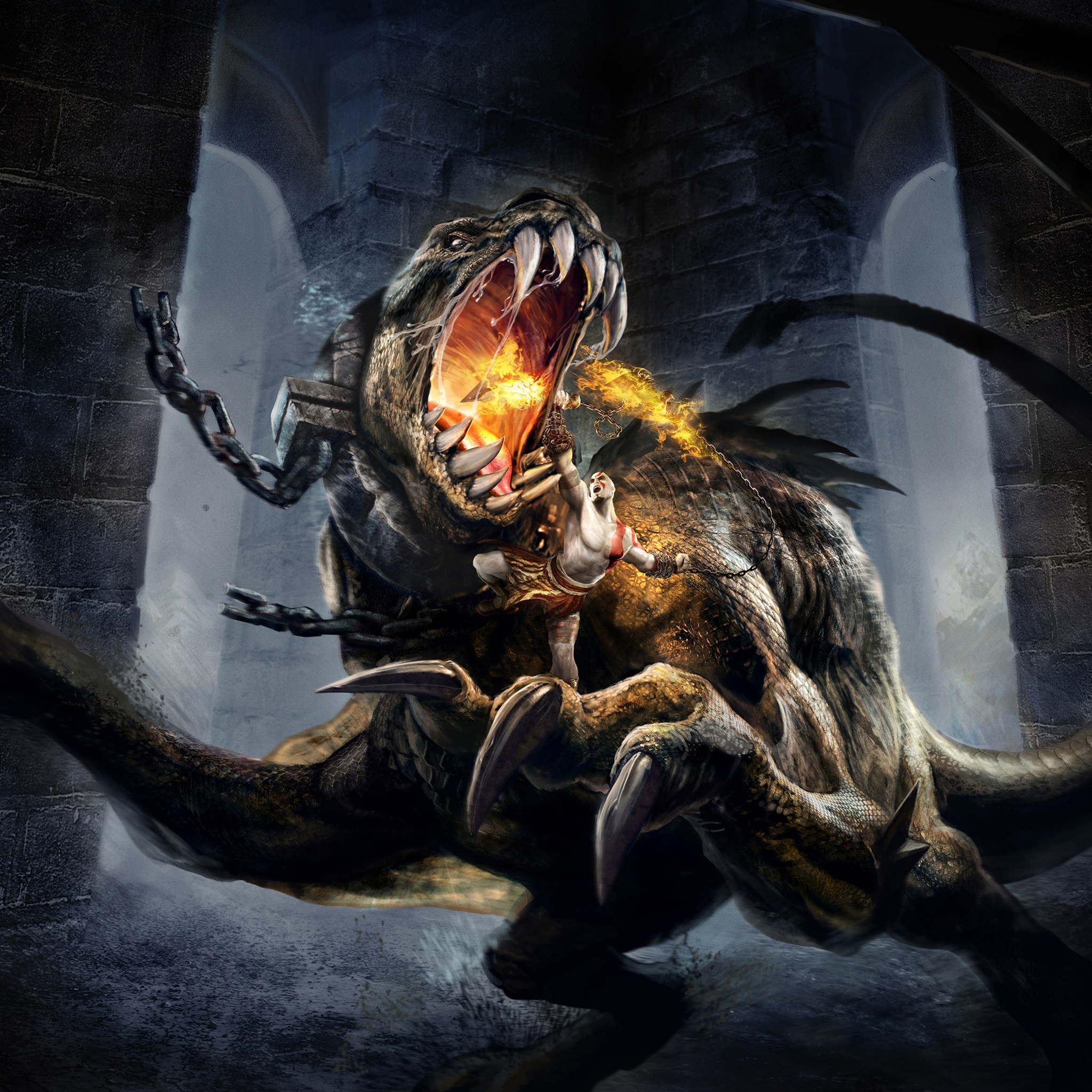 Кратос против динозавра обои