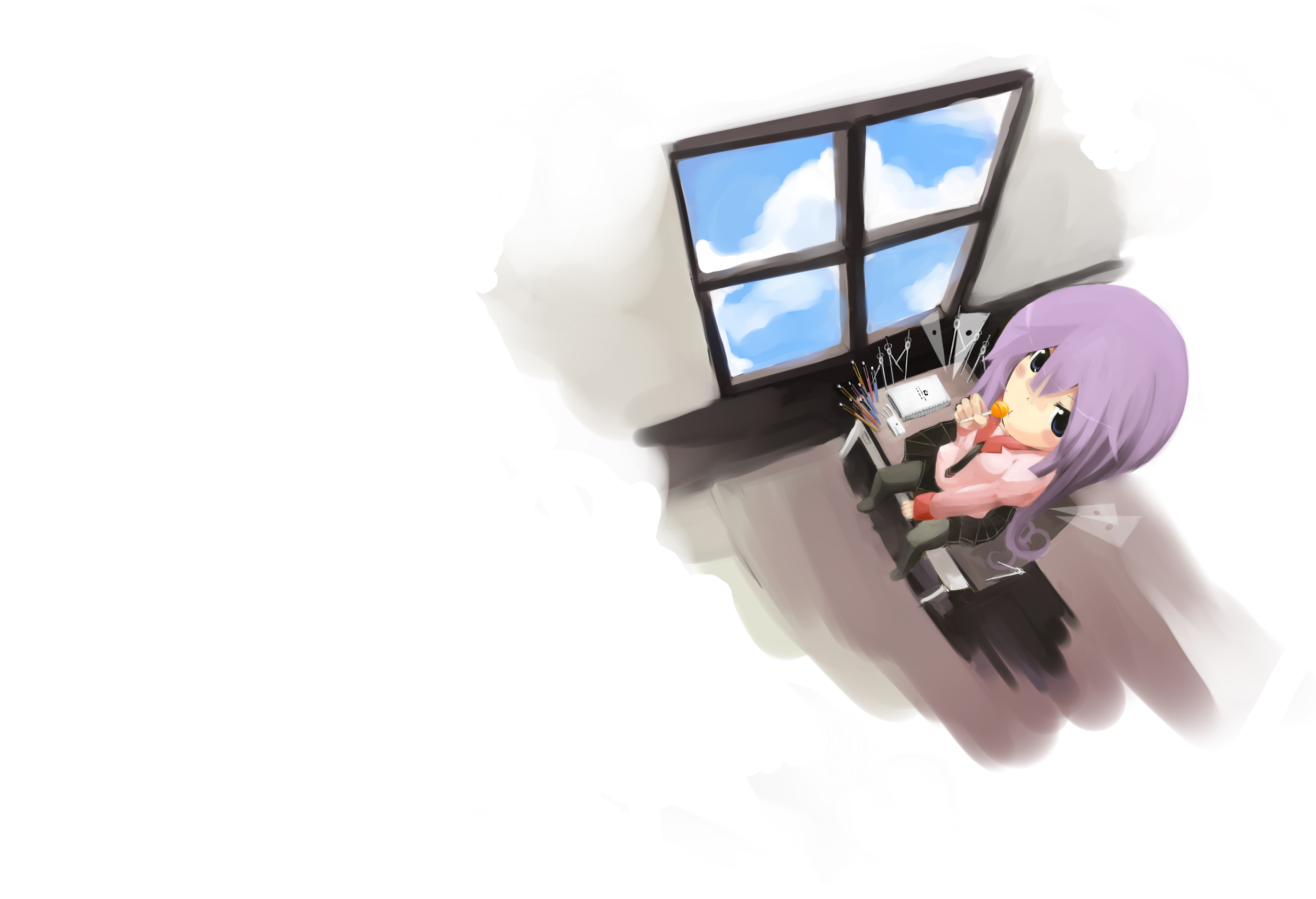 Школница с конфетой у окна обои