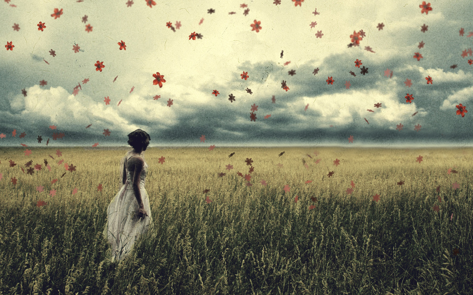 Грустная девушка в поле травы обои