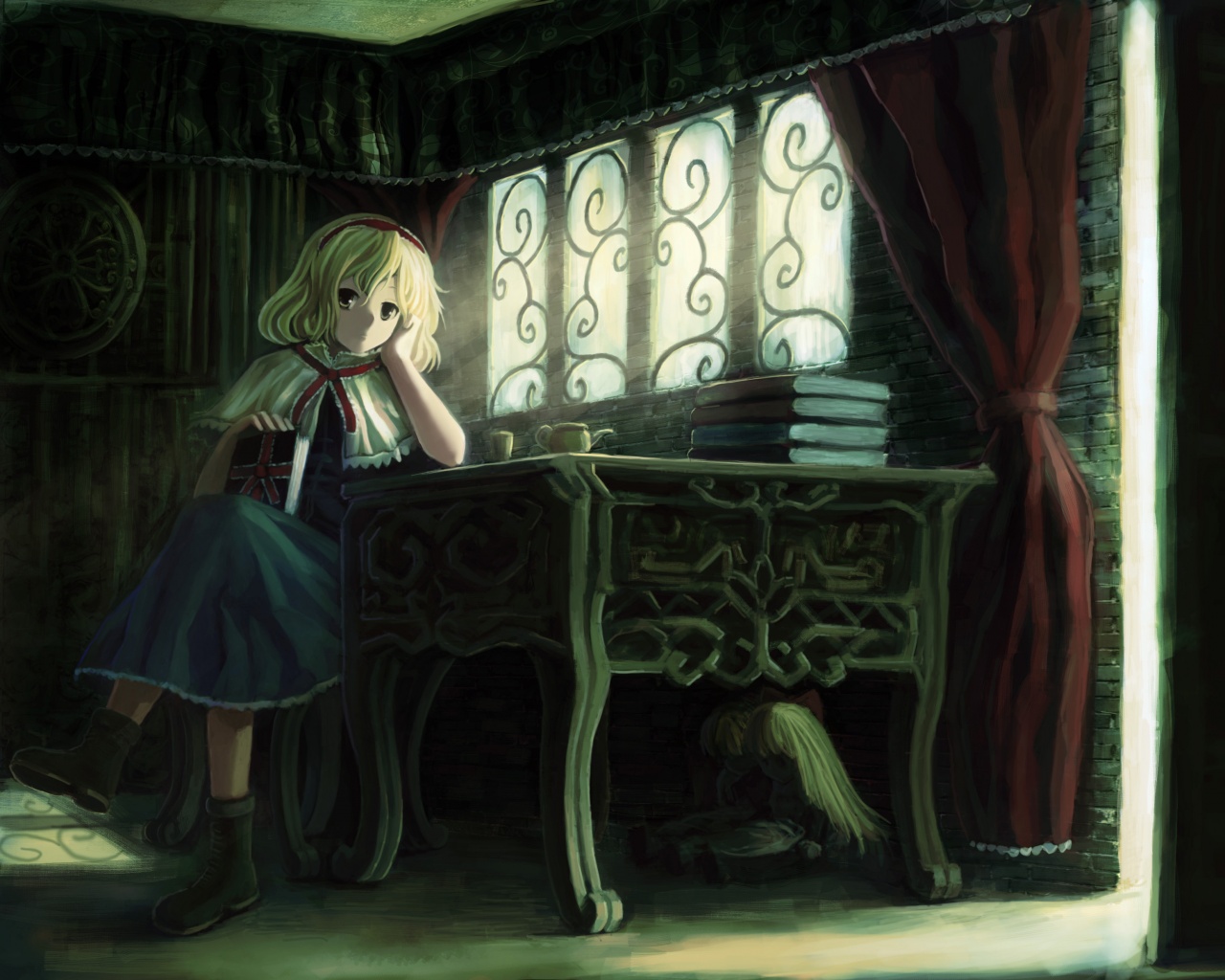 Девочка за столом с книгами обои