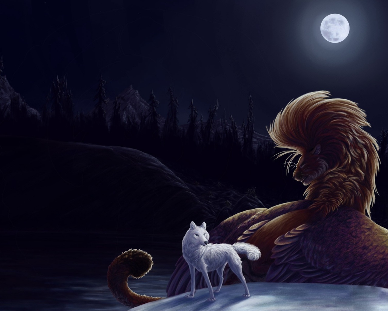 Волк и лев при луне обои