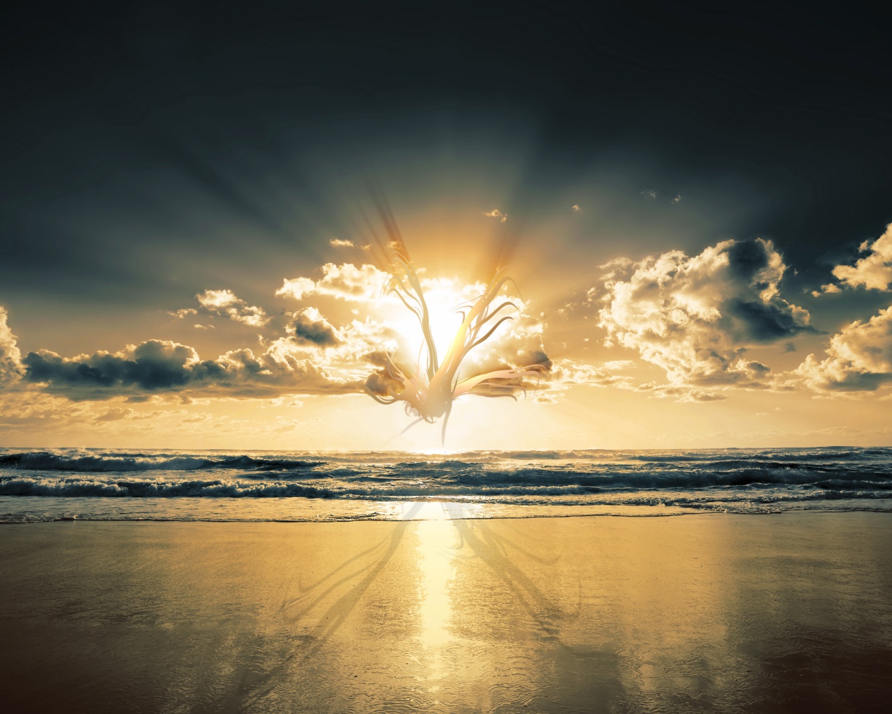 Абстрактные перья на фоне заката обои