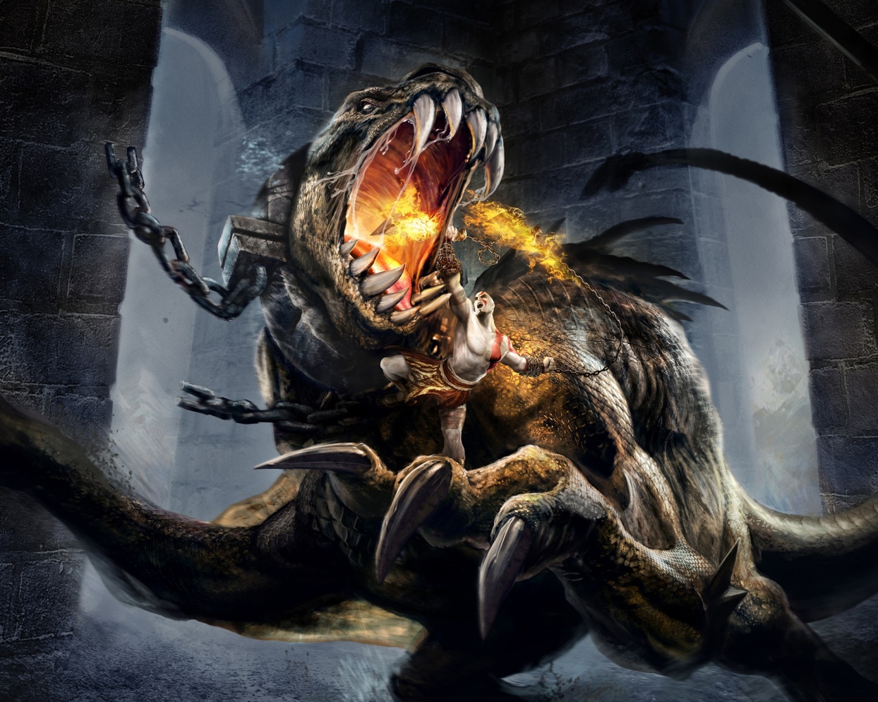 Кратос против динозавра обои