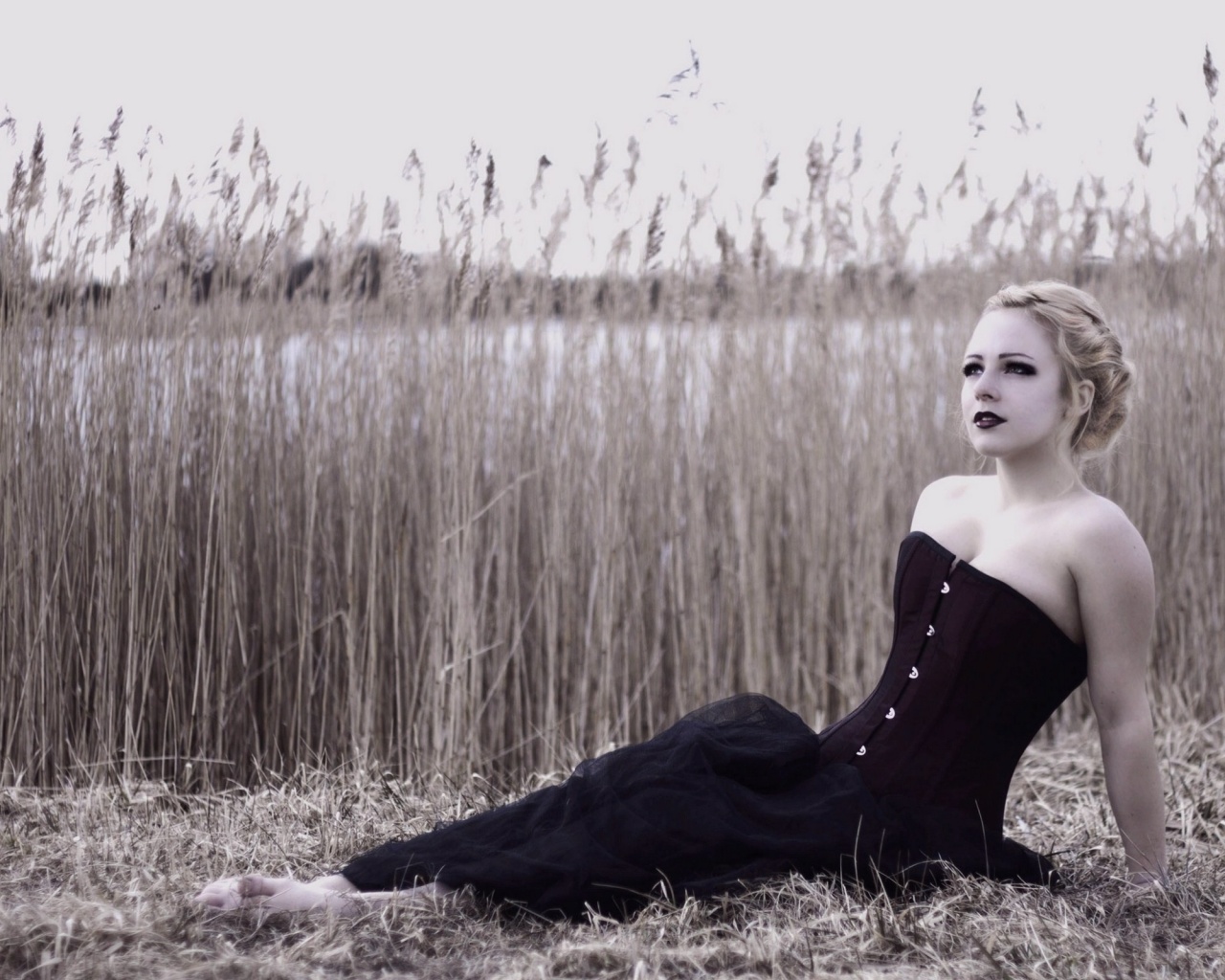 Девушка на траве в черном корсете обои