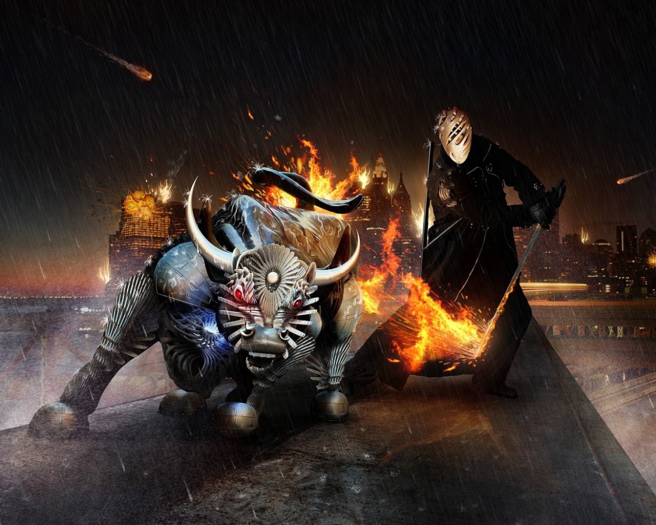 Воин и бык на крыше обои