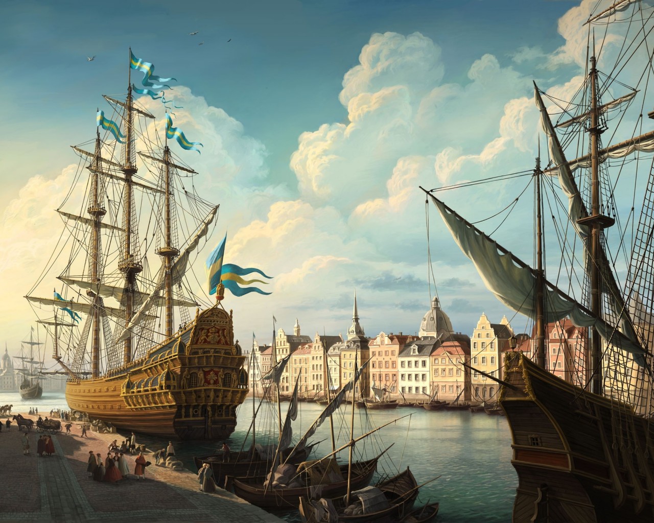 Парусник на набережной обои