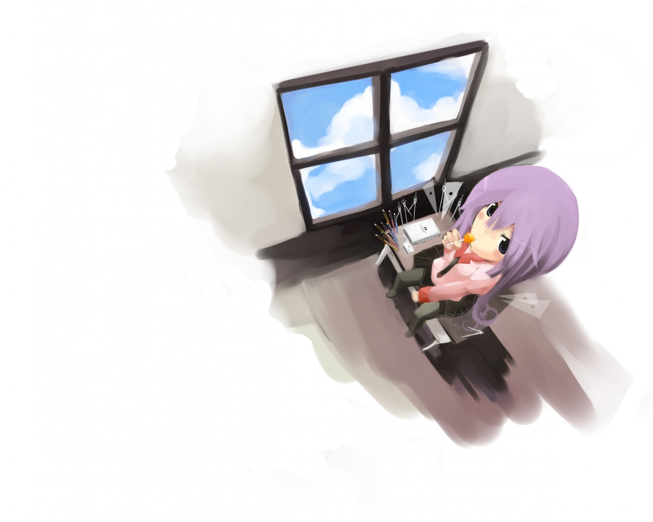 Школница с конфетой у окна обои