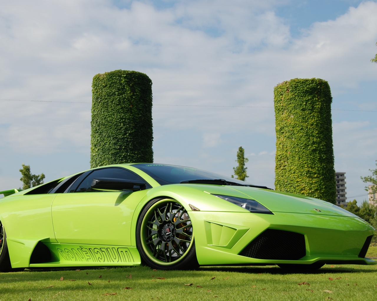 Зелёный Ламборджини на траве обои