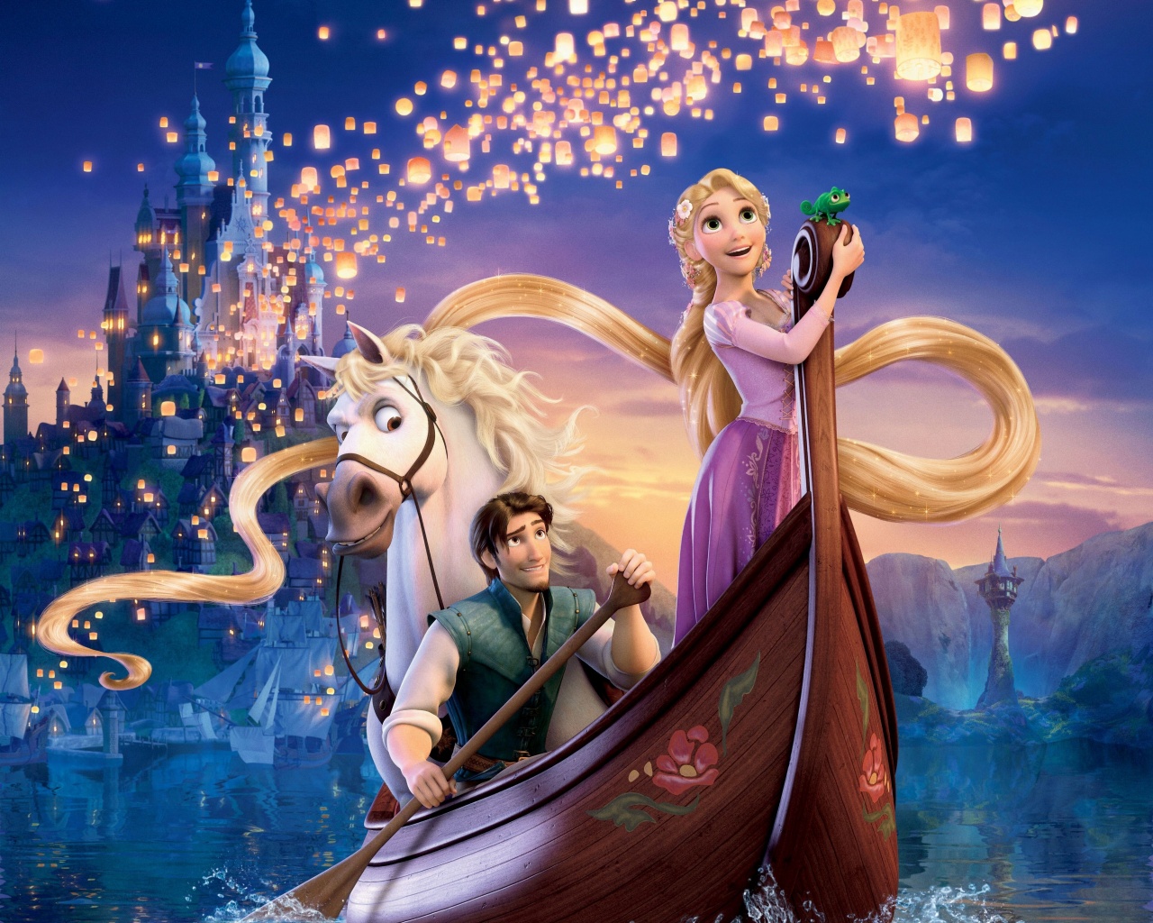 Рапунцель принц и конь в лодке обои