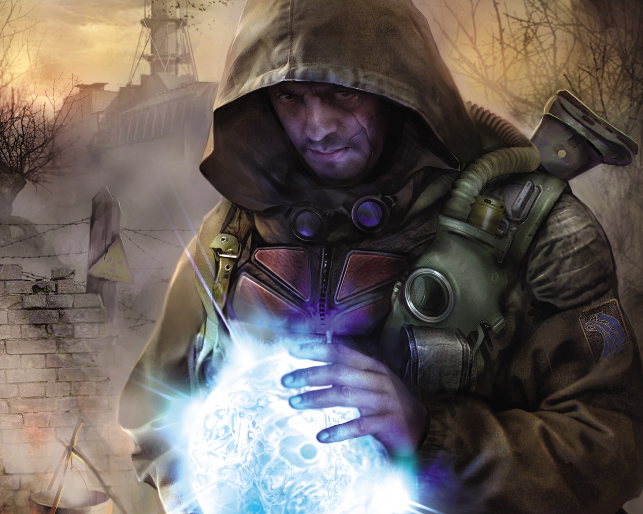 Сталкер с энергетическим артефактом в руках обои