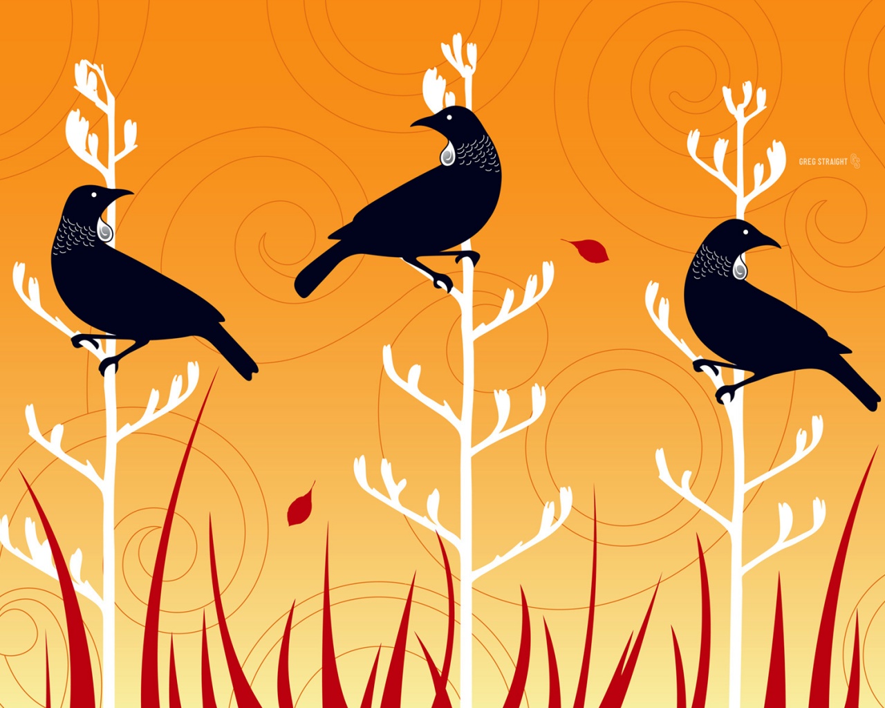 Векторные стилизованные птицы на ветках дерева обои