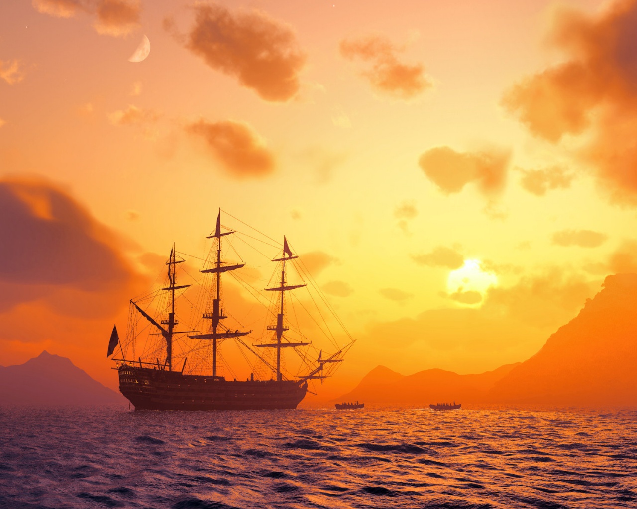 Трехпалубный парусный корабль на закате обои
