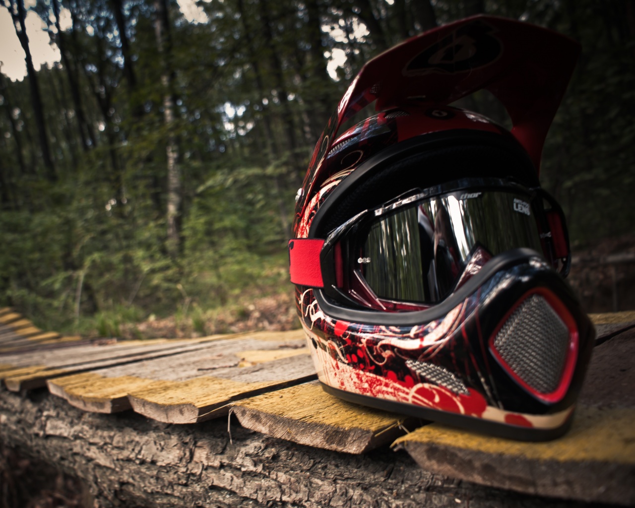 Шлем на лесной велотрассе обои